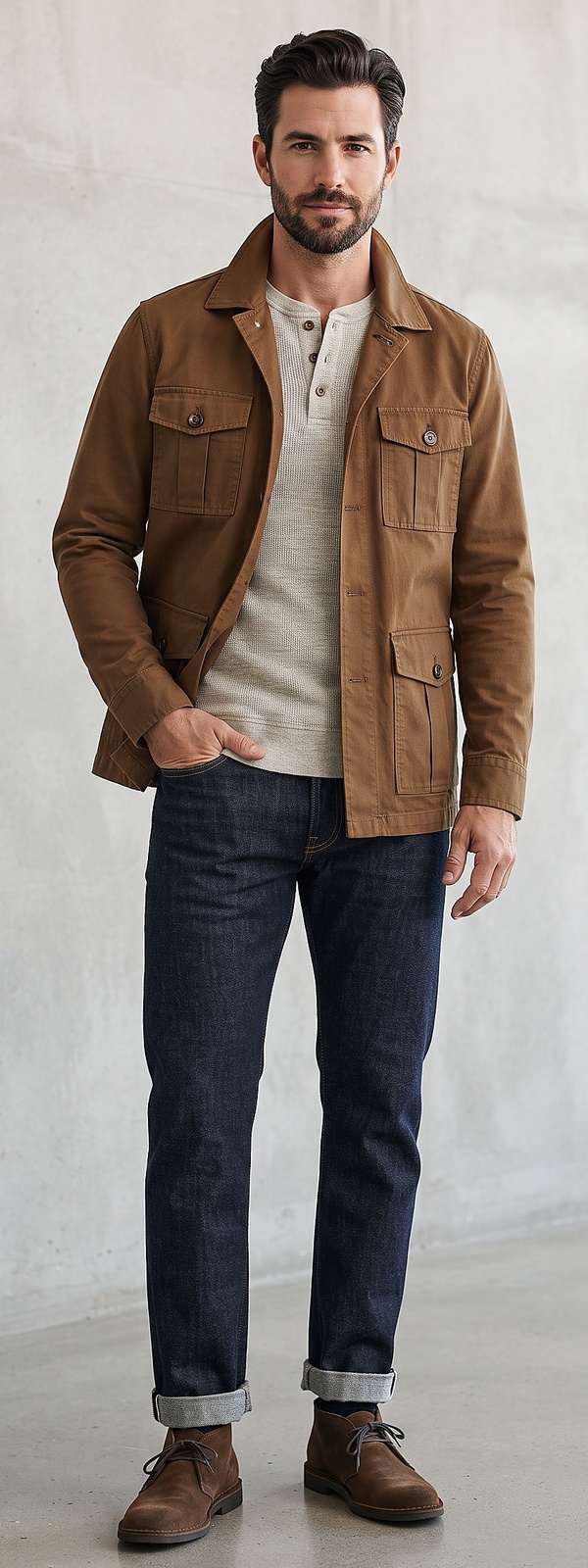 Tobacco Brown Safari Jacket and Waffle Henley Rugged Workwear Outfit