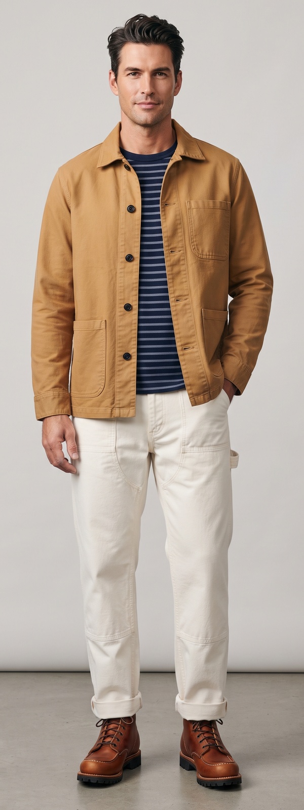 Tobacco Chore Jacket Striped Tee and Off White Carpenter Pants Look