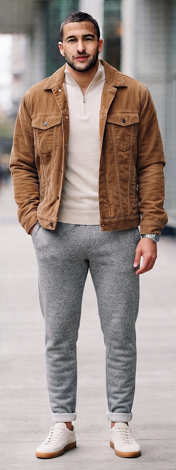 Tobacco Corduroy Trucker Jacket Quarter Zip Knit and Grey Sweatpants Look