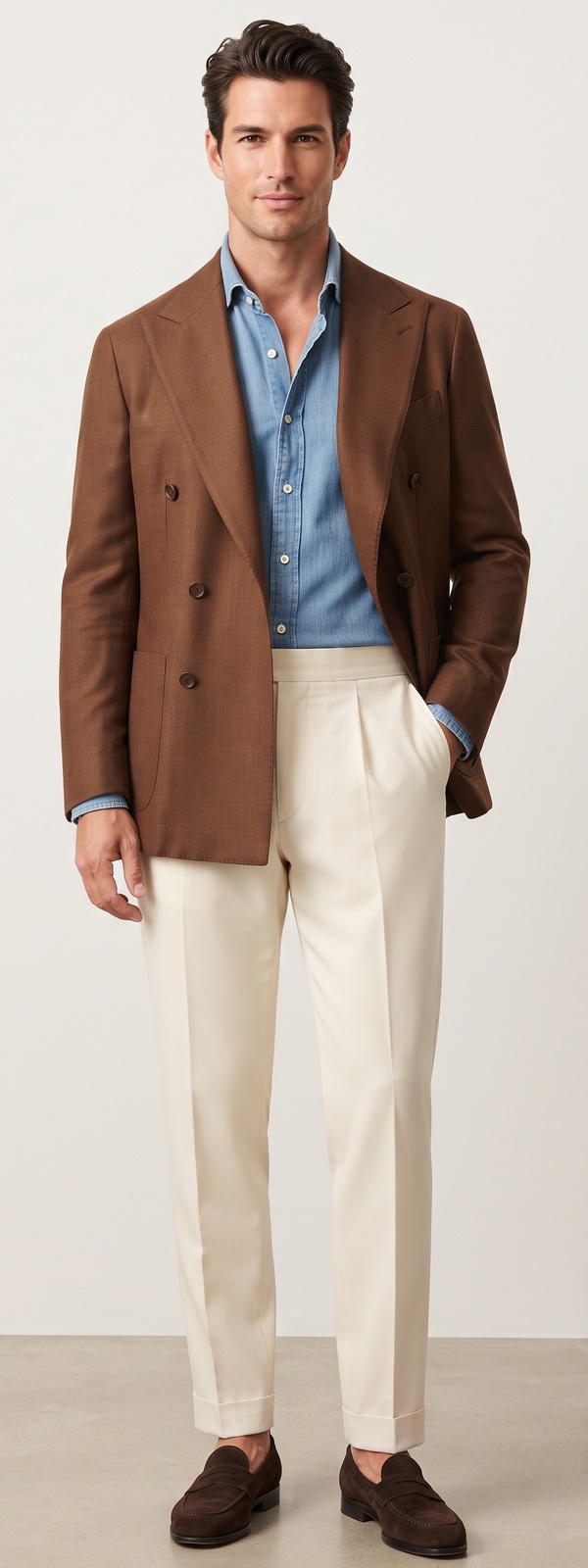 Sprezzatura Tobacco Brown Double Breasted Blazer Denim Shirt and Cream Pants Look