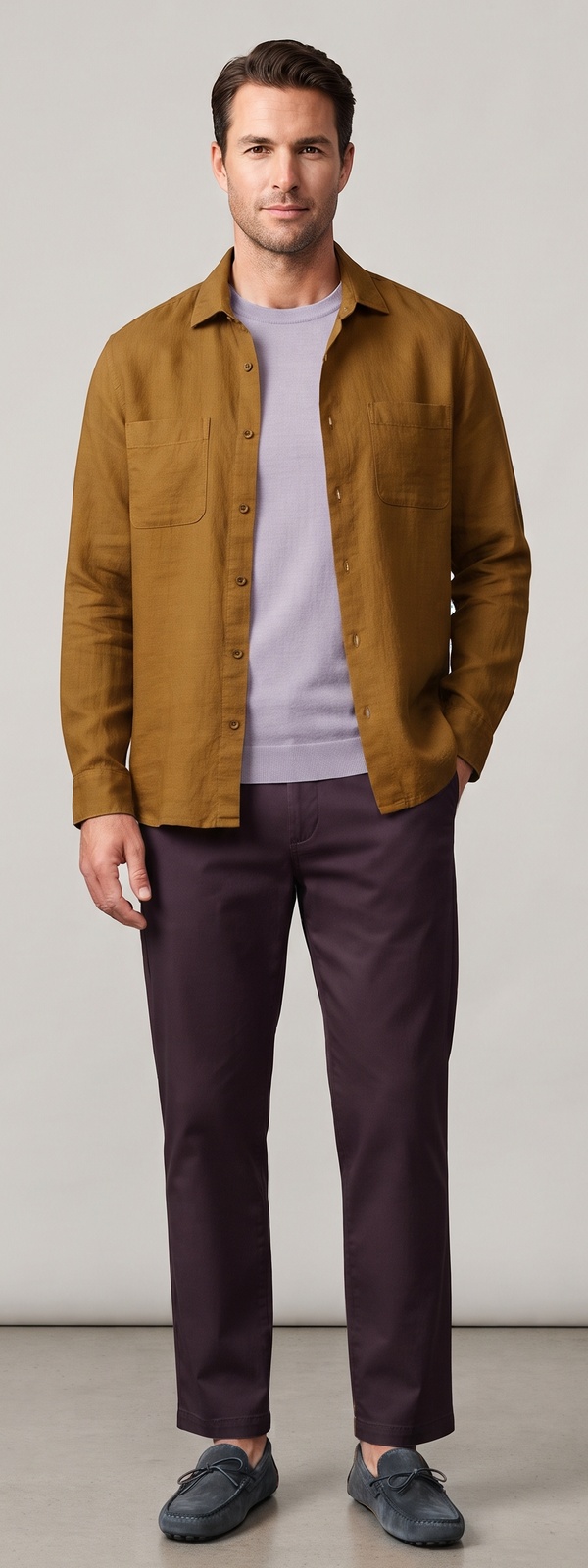 Tobacco Linen Overshirt Lilac Sweater and Eggplant Chino Pants Look