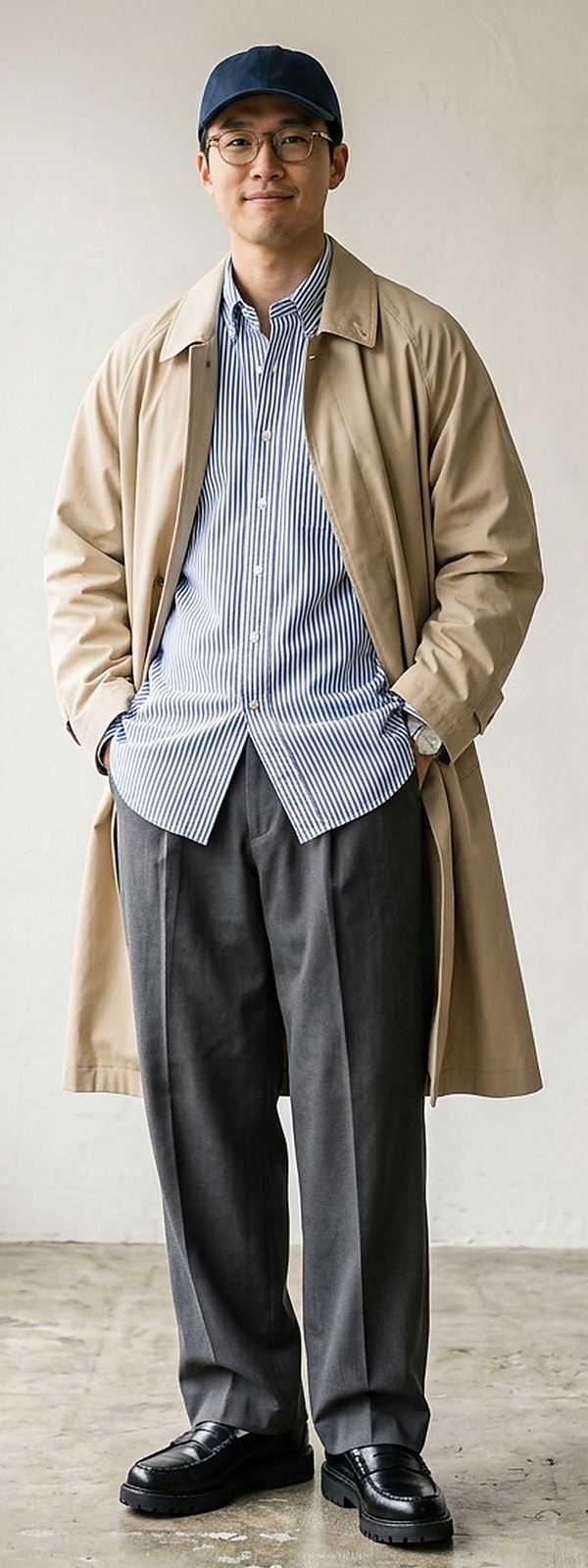 Tokyo City Boy Oversized Beige Mac Coat with Striped Oxford Shirt and Lug Penny Loafers
