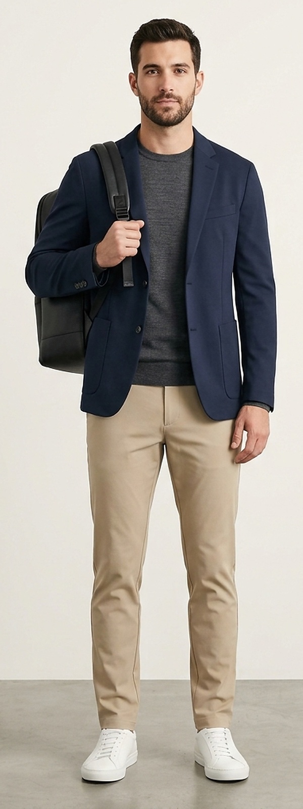 Modern Tech Commuter Unstructured Navy Stretch Blazer and Chino Pants Look