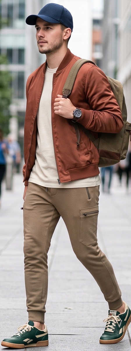 Urban Athleisure Rust Bomber Jacket with Cream T-Shirt, Tan Cargo Joggers, Navy Cap, and Green Sneakers Outfit