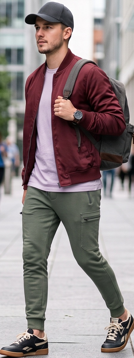Urban Athletic Maroon Bomber Jacket with Lavender T-Shirt, Sage Cargo Joggers, Baseball Cap, and Gum Sole Sneakers Outfit