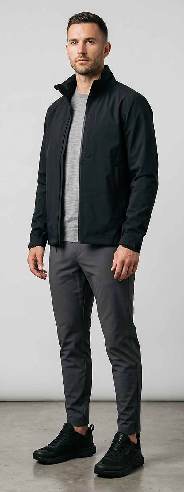 Urban Commuter Waterproof Matte Shell Jacket with Technical Trousers and Trail Sneakers