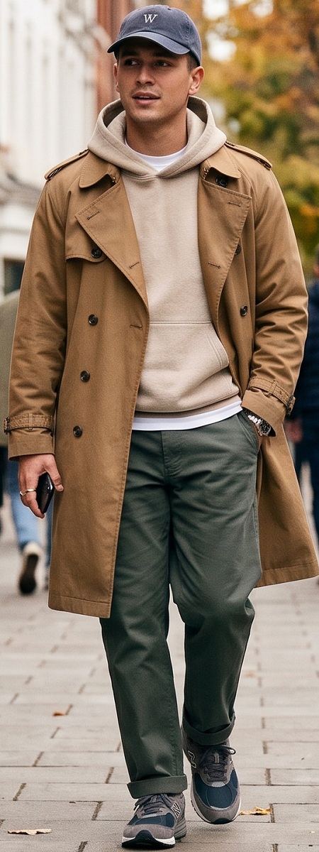 Urban High-Low Camel Trench Coat with Oatmeal Hoodie, Olive Chinos, Navy Cap, and Suede Running Sneakers Outfit