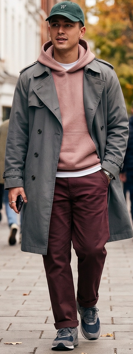 Urban High-Low Charcoal Trench Coat with Mauve Hoodie, Burgundy Chinos, Green Cap, and Running Sneakers Outfit