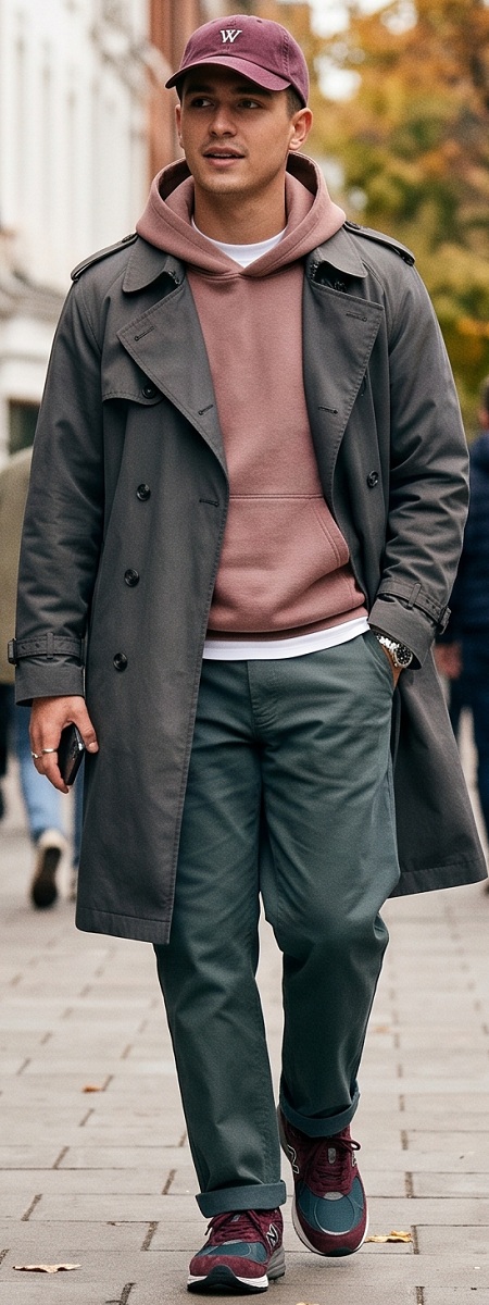 Urban High-Low Charcoal Trench Coat with Mauve Hoodie, Spruce Chinos, Burgundy Cap, and Running Sneakers Outfit