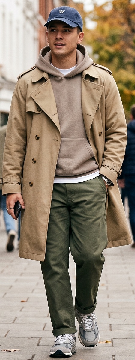 Urban High-Low Tan Trench Coat with Taupe Hoodie, Olive Chinos, Navy Baseball Cap, and Grey Retro Running Sneakers Outfit