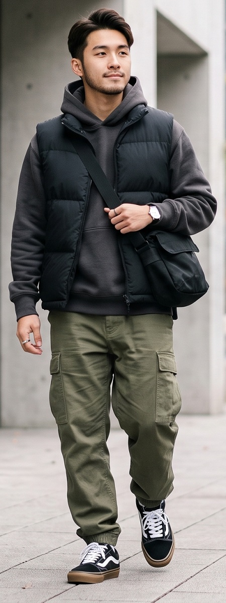 Urban Streetwear Charcoal Hoodie with Black Puffer Vest, Olive Cargo Pants, and Canvas Skate Sneakers Outfit