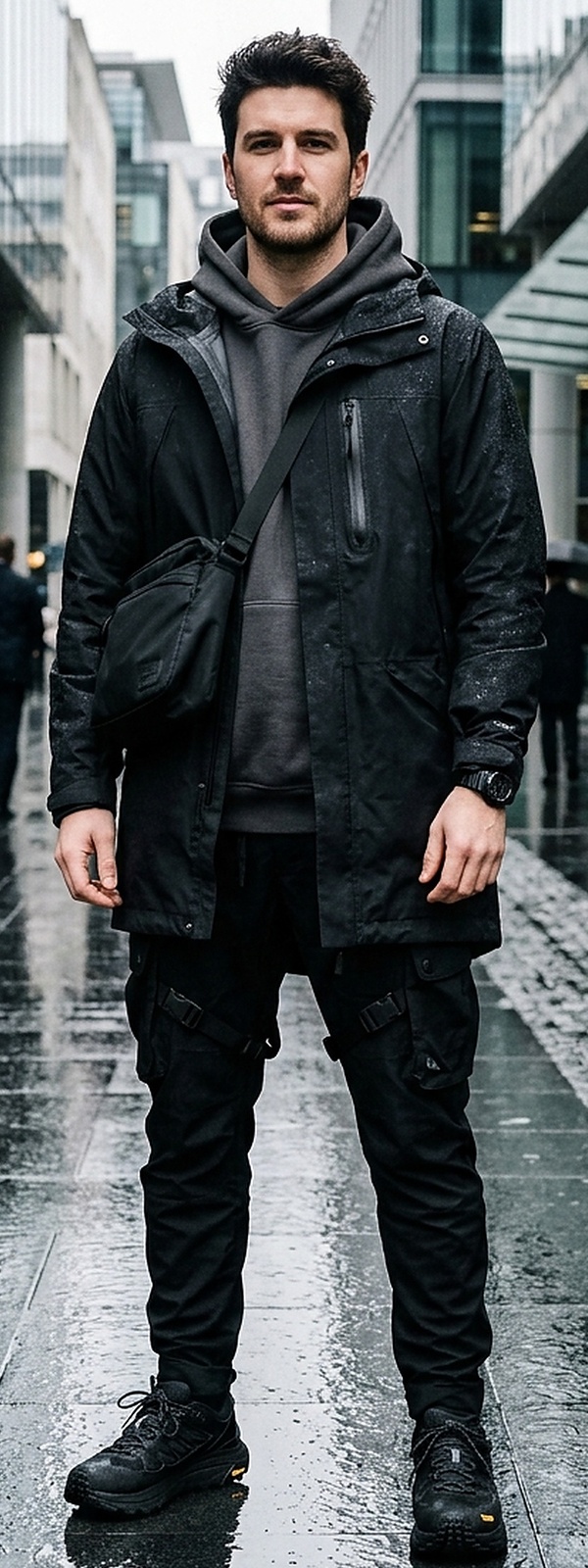 Urban Techwear Waterproof Fishtail Parka and Tactical Cargo Pants City Look