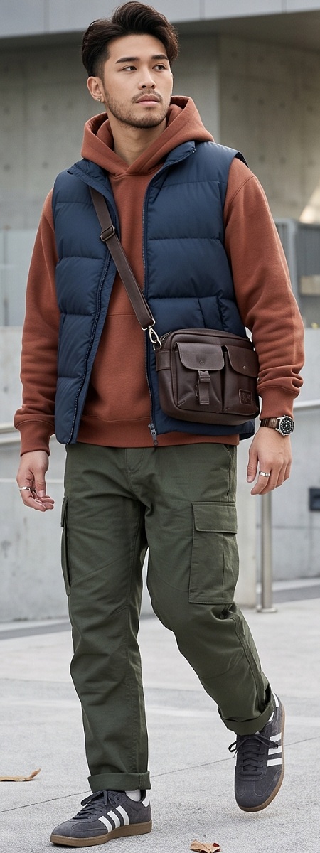 Urban Utility Navy Puffer Vest with Terracotta Hoodie, Olive Cargo Pants, Leather Crossbody, and Suede Sneakers Outfit