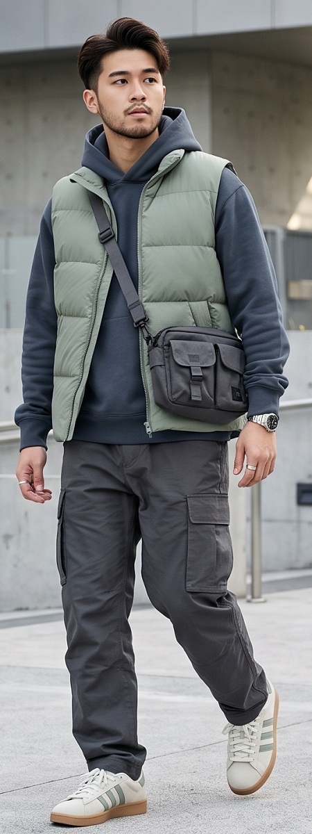 Urban Utility Sage Puffer Vest with Slate Hoodie, Charcoal Cargo Pants, Crossbody Bag, and Suede Sneakers Outfit