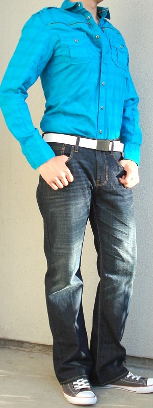 Vibrant Aqua Blue Button Down Shirt with Dark Blue Jeans