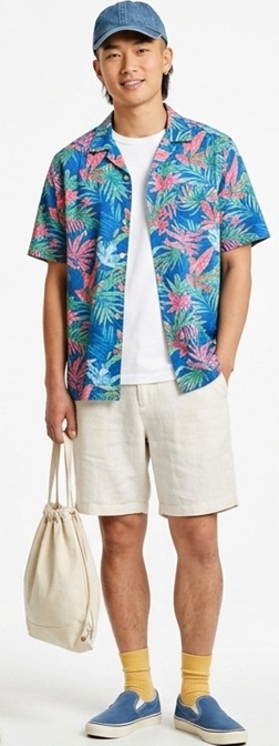 Vibrant Beach Casual Style with Floral Camp Collar Shirt and Linen Shorts