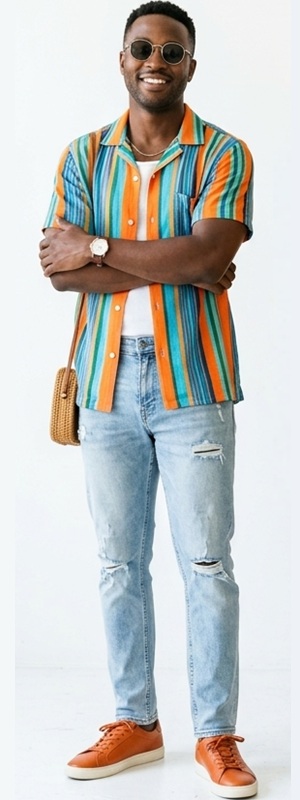 Vibrant Retro Style with Multi Color Striped Camp Collar Shirt and Distressed Light Wash Jeans