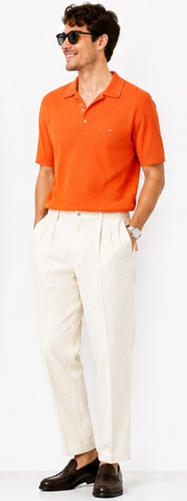 Vibrant Smart Casual Styling with Orange Knit Polo and Cream Pleated Trousers