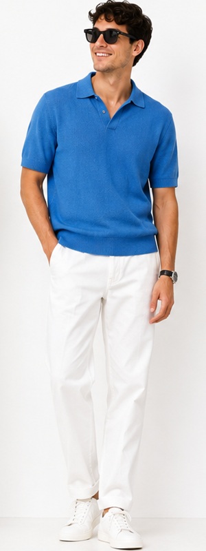 Vibrant Summer Blue Polo and White Trousers Casual Look