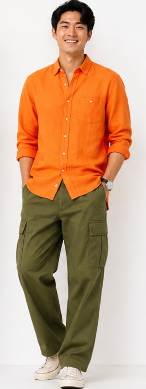Vibrant Summer Orange Linen Shirt and Olive Cargo Pants Combo