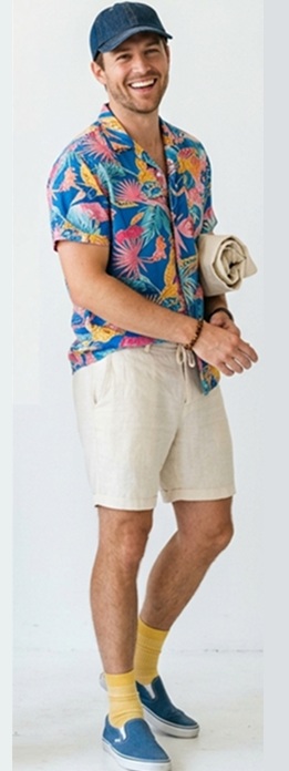 Vibrant Tropical Beach Style with Blue Floral Camp Collar Shirt and Cream Linen Shorts
