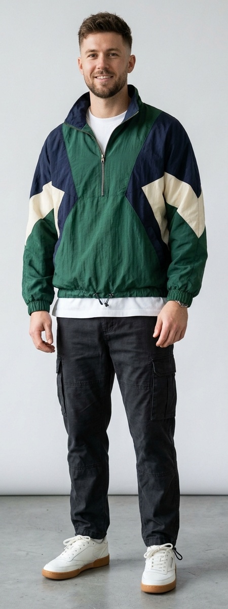 Vintage Colorblock Half-Zip Windbreaker with Washed Black Cargo Pants