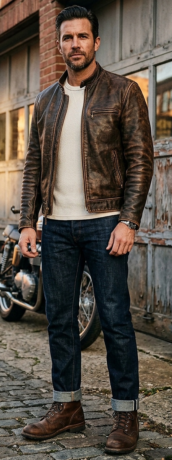 Vintage Distressed Leather Cafe Racer Jacket and Selvedge Denim with Service Boots