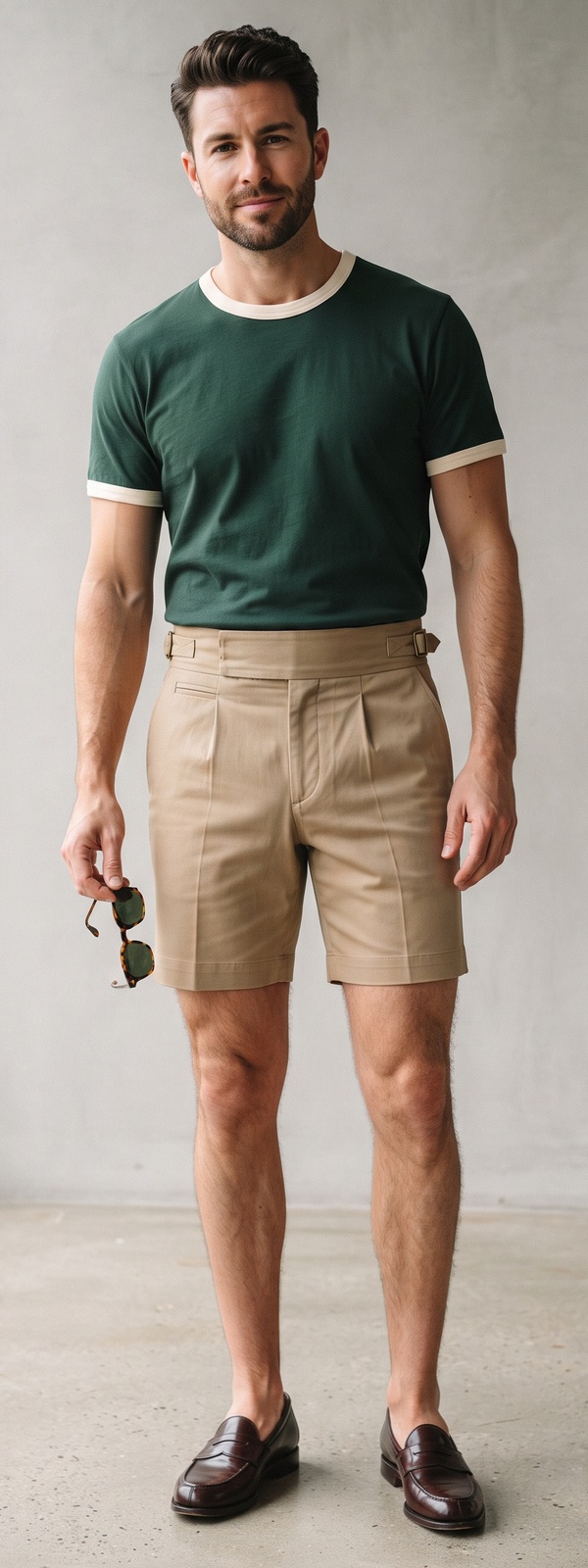 Vintage Forest Green Ringer Tee with Khaki Gurkha Shorts