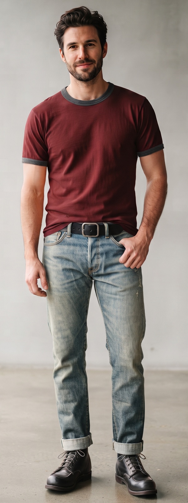 Vintage Maroon Ringer Tee with Faded Straight Jeans and Boots