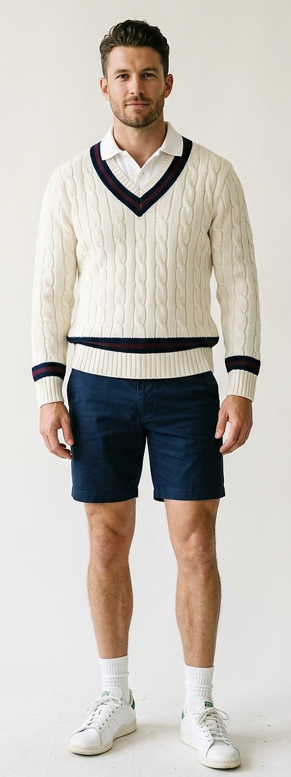 Vintage Tennis Club Cream Cable Cricket Sweater with Navy Chino Shorts and Classic Sneakers