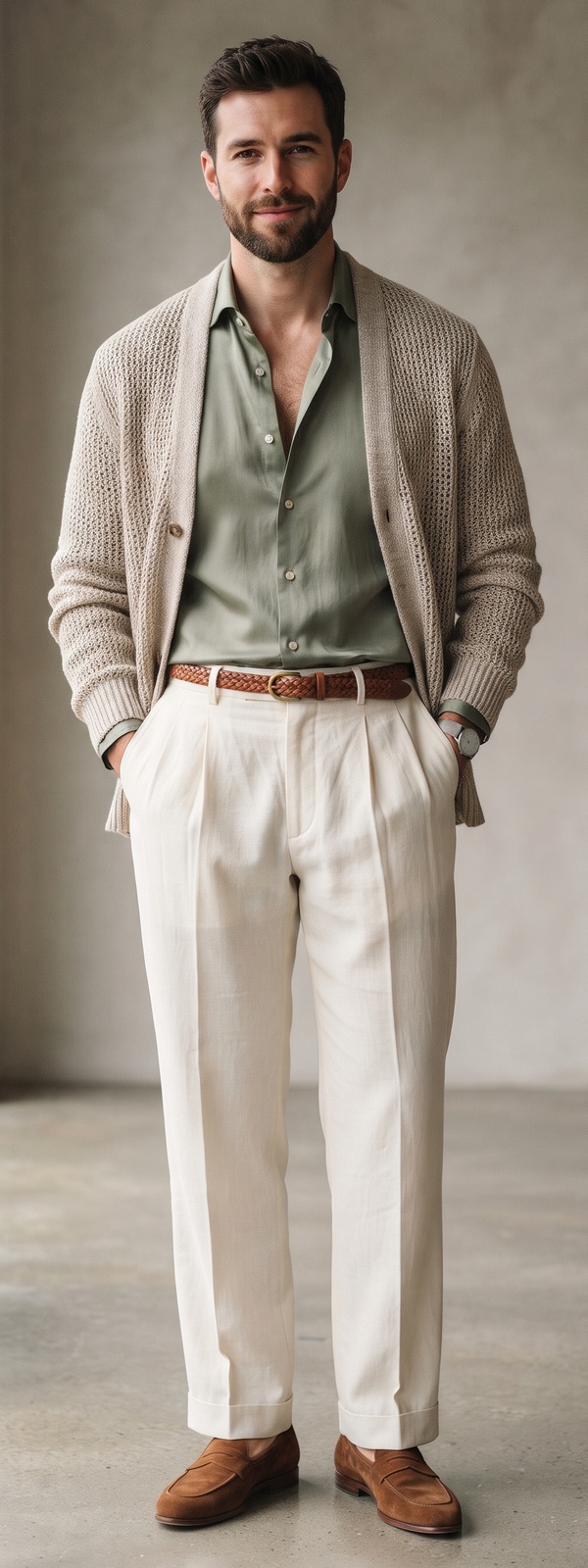 Oatmeal Waffle Cardigan with Sage Shirt and Pleated Linen Dress Pants