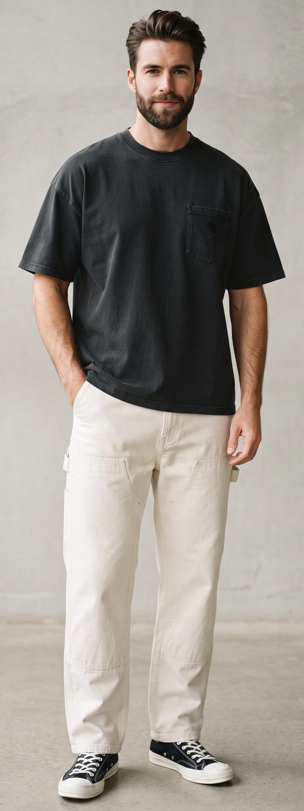 Washed Black Oversized Pocket Tee with Natural Carpenter Pants