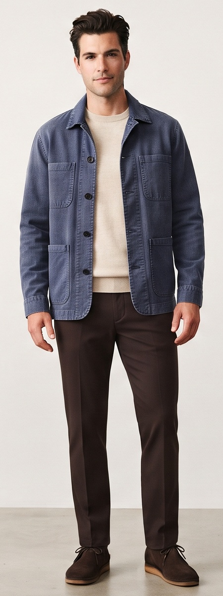 French Casual Blue Cotton Chore Jacket Oatmeal Sweater and Brown Pants Look