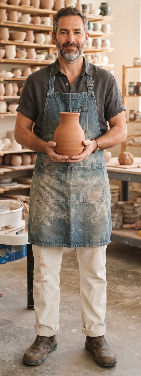 Washed Denim Apron and Charcoal Linen Shirt Ceramic Pottery Studio Look