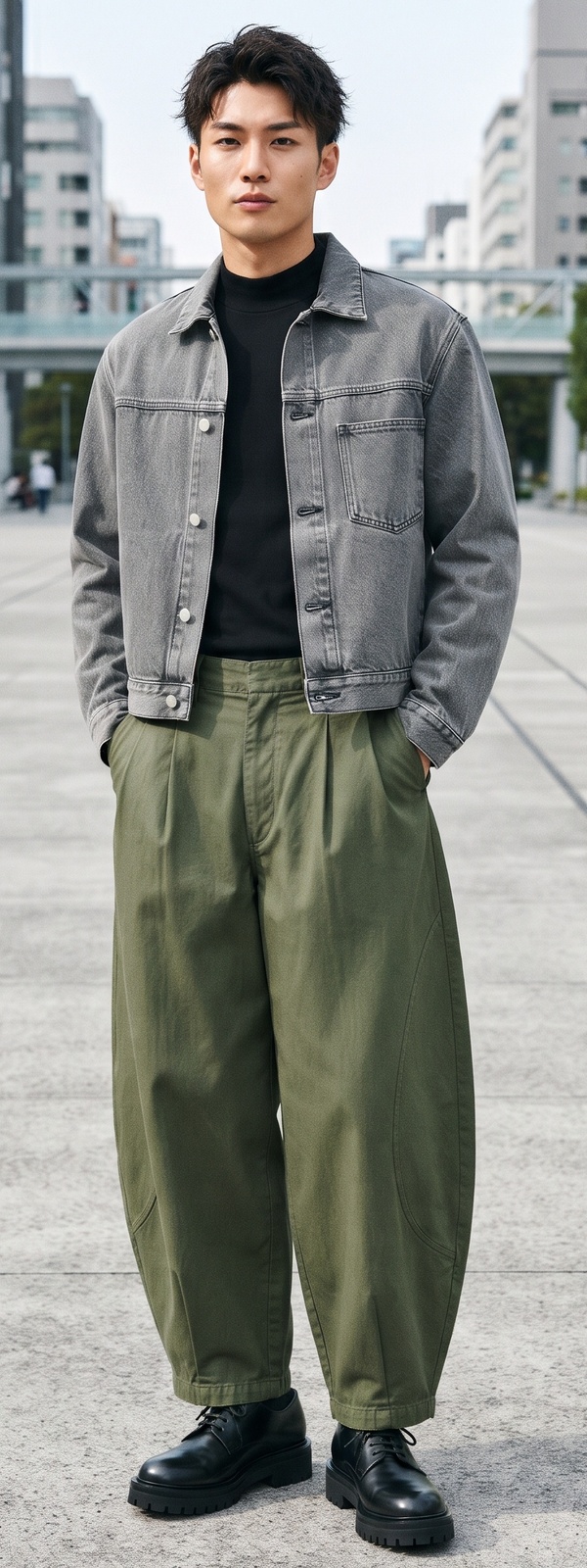 Washed Grey Denim Trucker, Mock Neck, and Olive Balloon Pants