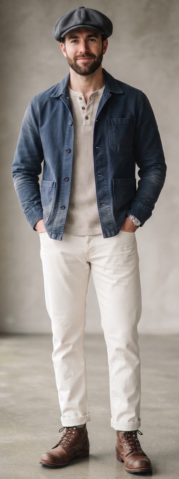 Washed Indigo Chore Jacket with Waffle Henley and Off-White Jeans