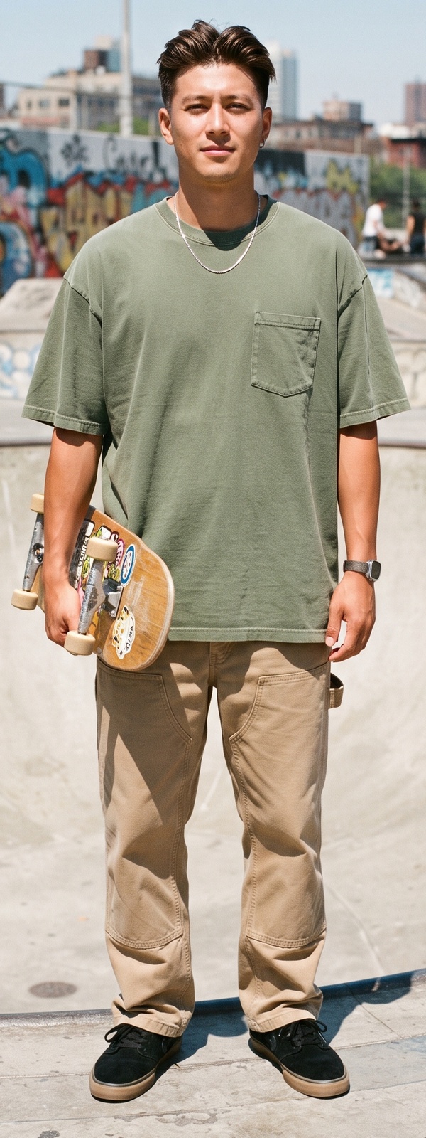 Washed Olive Pocket Tee and Khaki Carpenter Pants Skatepark Look