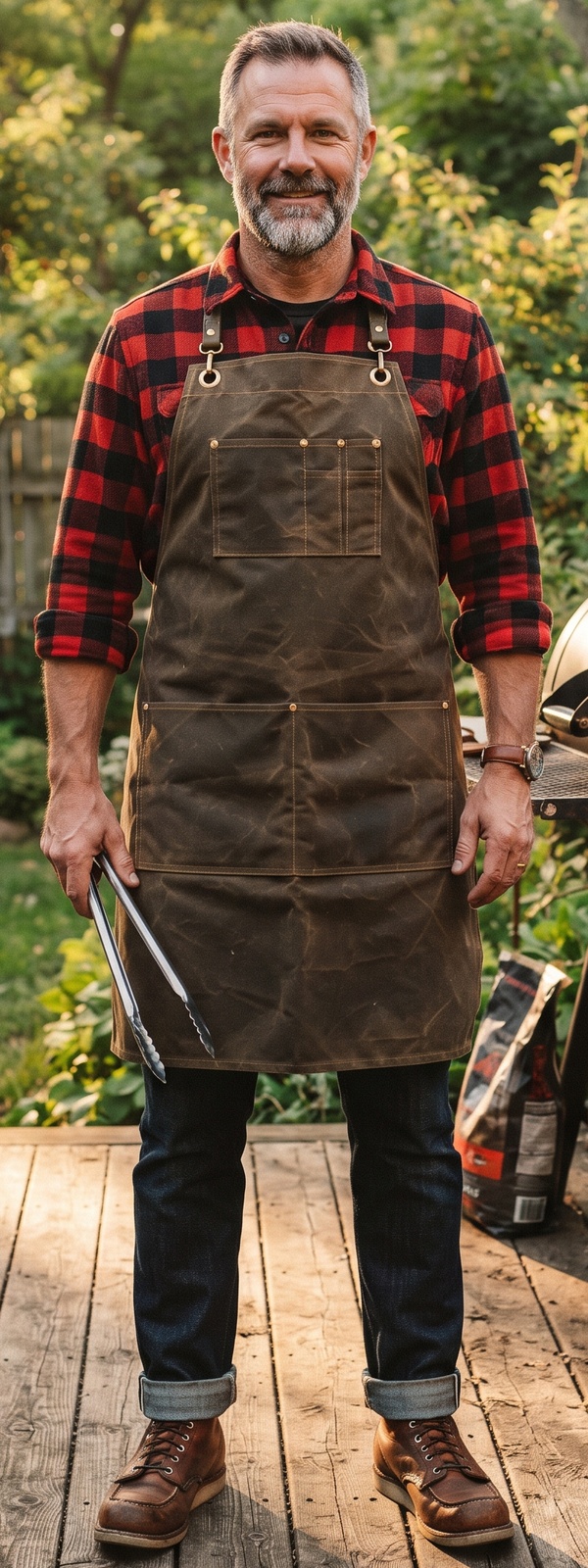 Waxed Canvas Grilling Apron and Red Buffalo Flannel Smokehouse BBQ Look
