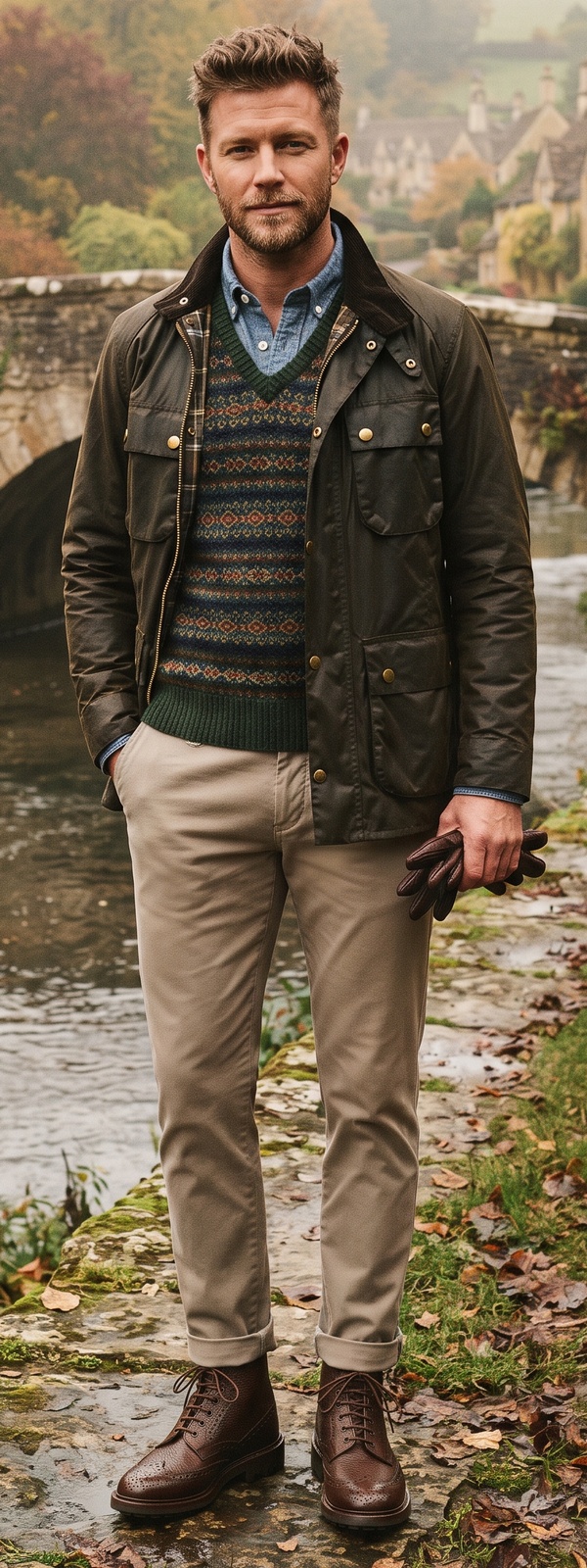 English Countryside Waxed Jacket and Fair Isle Vest Look