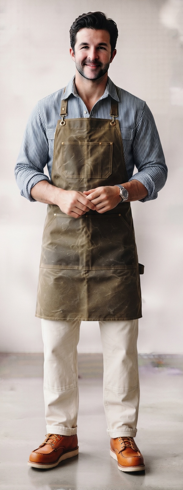 Waxed Olive Canvas Work Apron with Striped Work Shirt and Moc Toe Boots