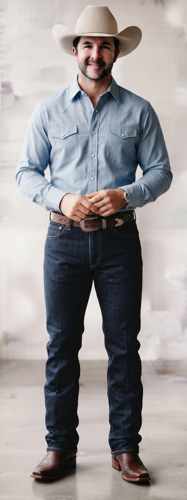 Western Denim Pearl Snap Shirt with Cowboy Hat and Tooled Leather Boots