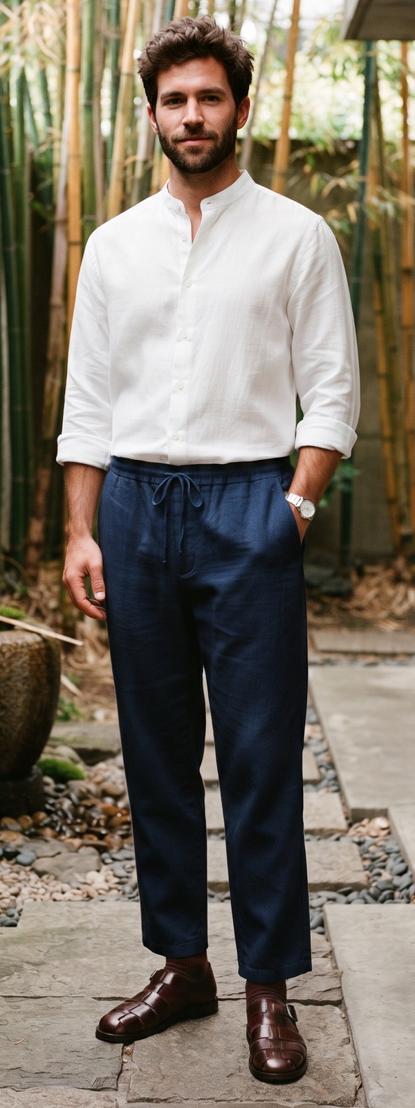 Zen Minimalist White Band Collar Shirt and Blue Linen Drawstring Pants Look