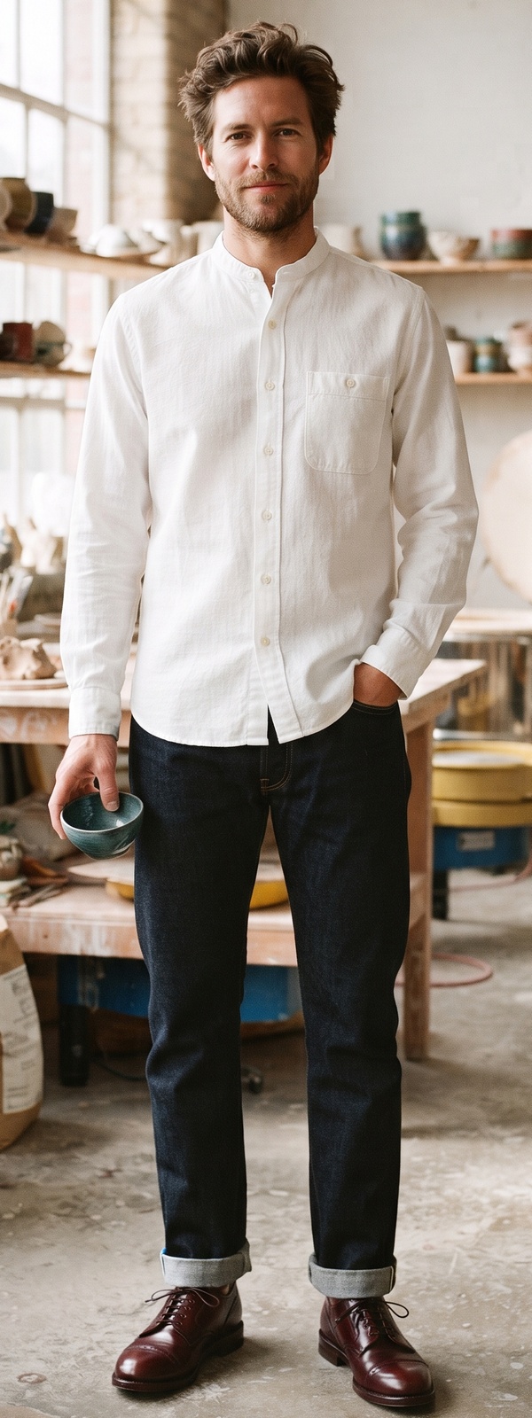 Ceramic Artisan White Band Collar Shirt and Selvedge Denim Look