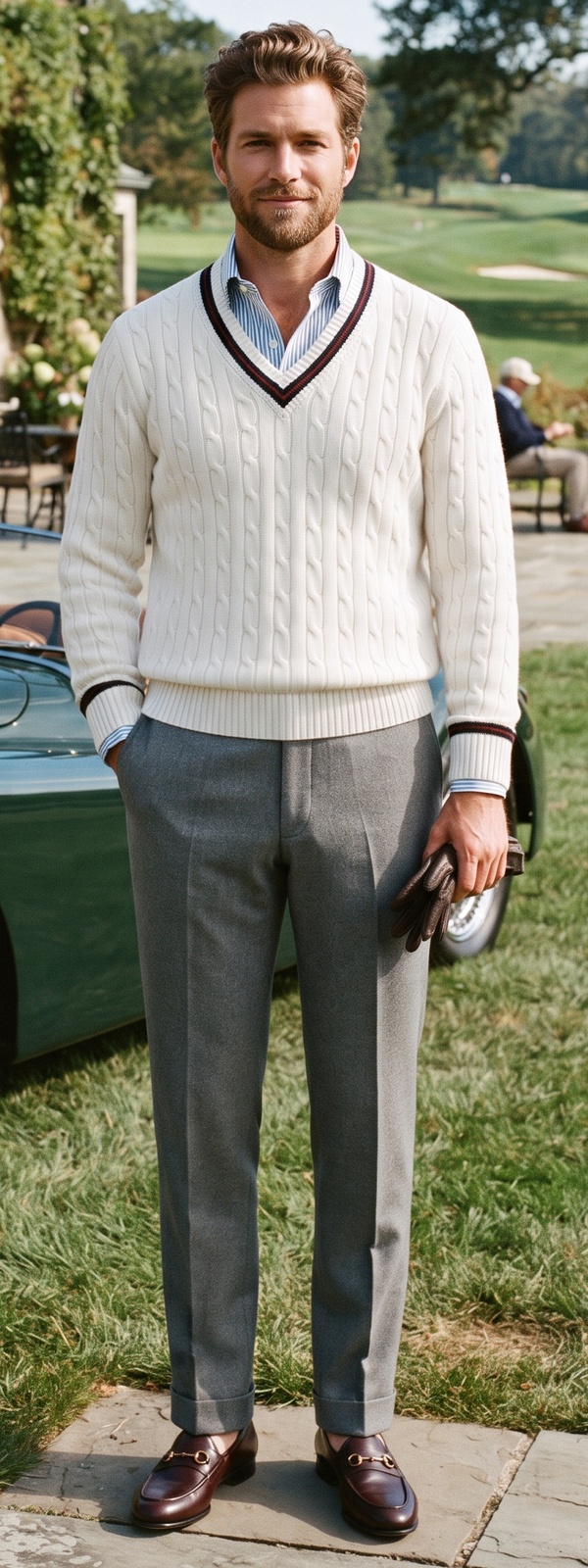Classic Country Club White Cable Knit Cricket Sweater and Flannel Look