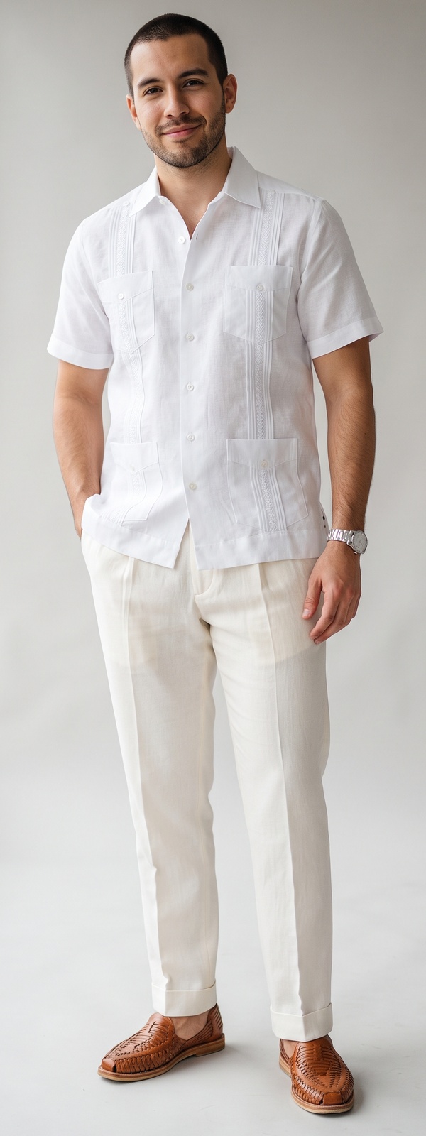 White Short-Sleeve Linen Guayabera Shirt With Cream Pleated Linen Pants and Woven Huaraches