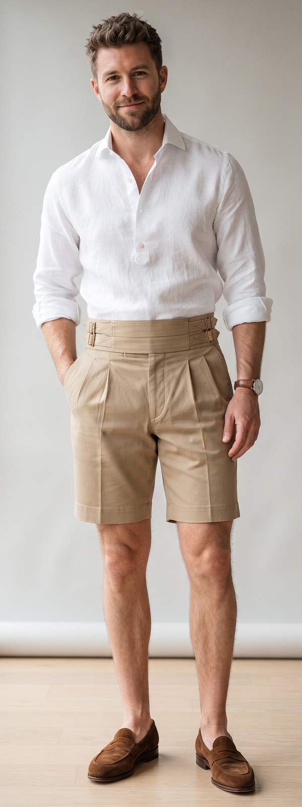 White Linen Popover Shirt with Khaki Gurkha Shorts and Loafers