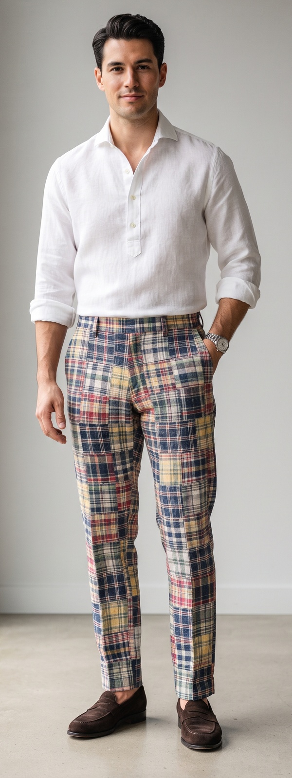 White Linen Popover Shirt with Patchwork Madras Plaid Pants and Suede Loafers