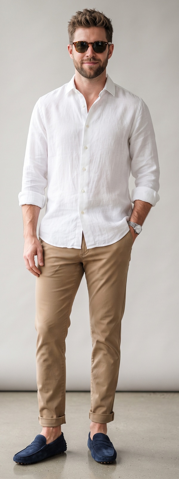 Untucked White Linen Shirt With Cuffed Khaki Chinos and Navy Suede Loafers