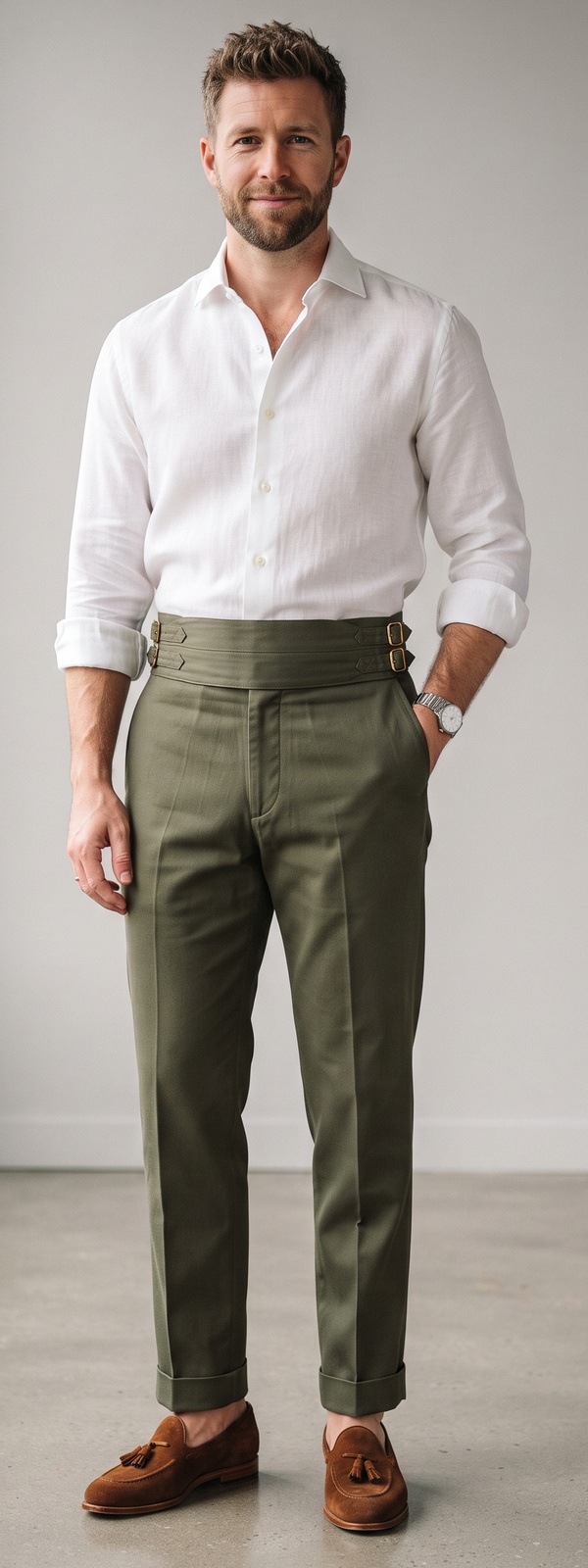 White Linen Dress Shirt With Olive Gurkha Dress Pants and Suede Tassel Loafers