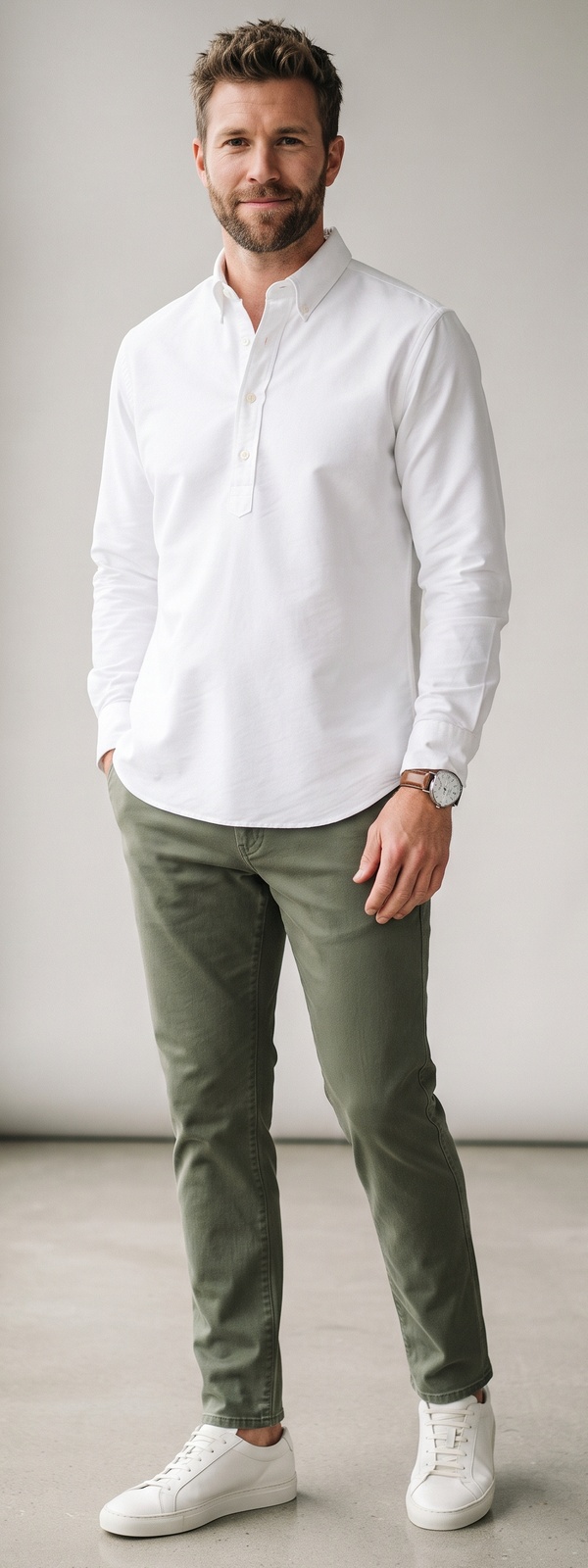 White Oxford Popover Shirt With Olive Slim-Fit Pants and White Leather Sneakers